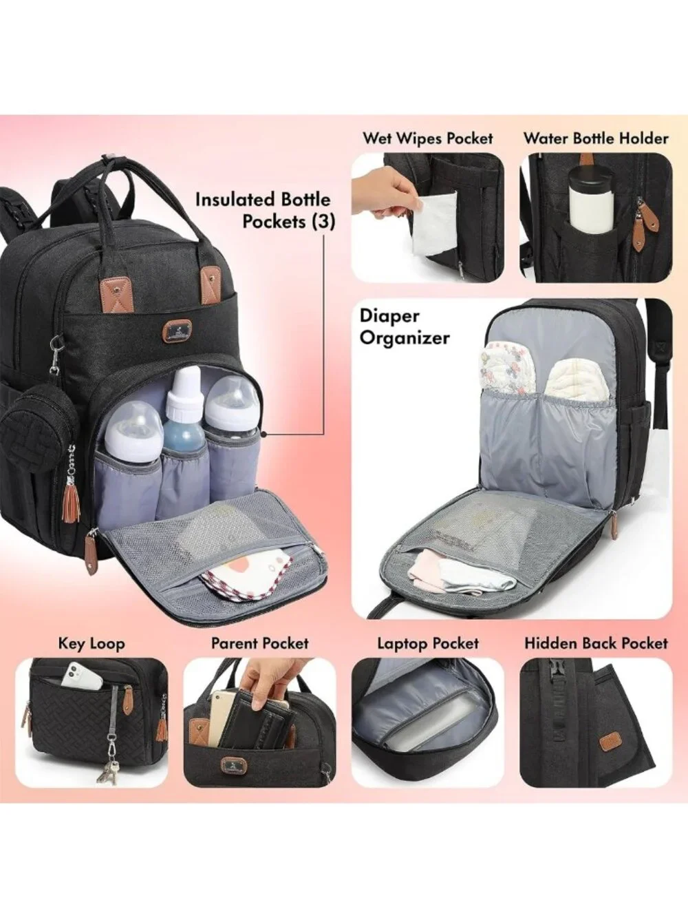 Stylish Diaper Bag Backpack with Changing Pad, Pacifier Case & Stroller Straps